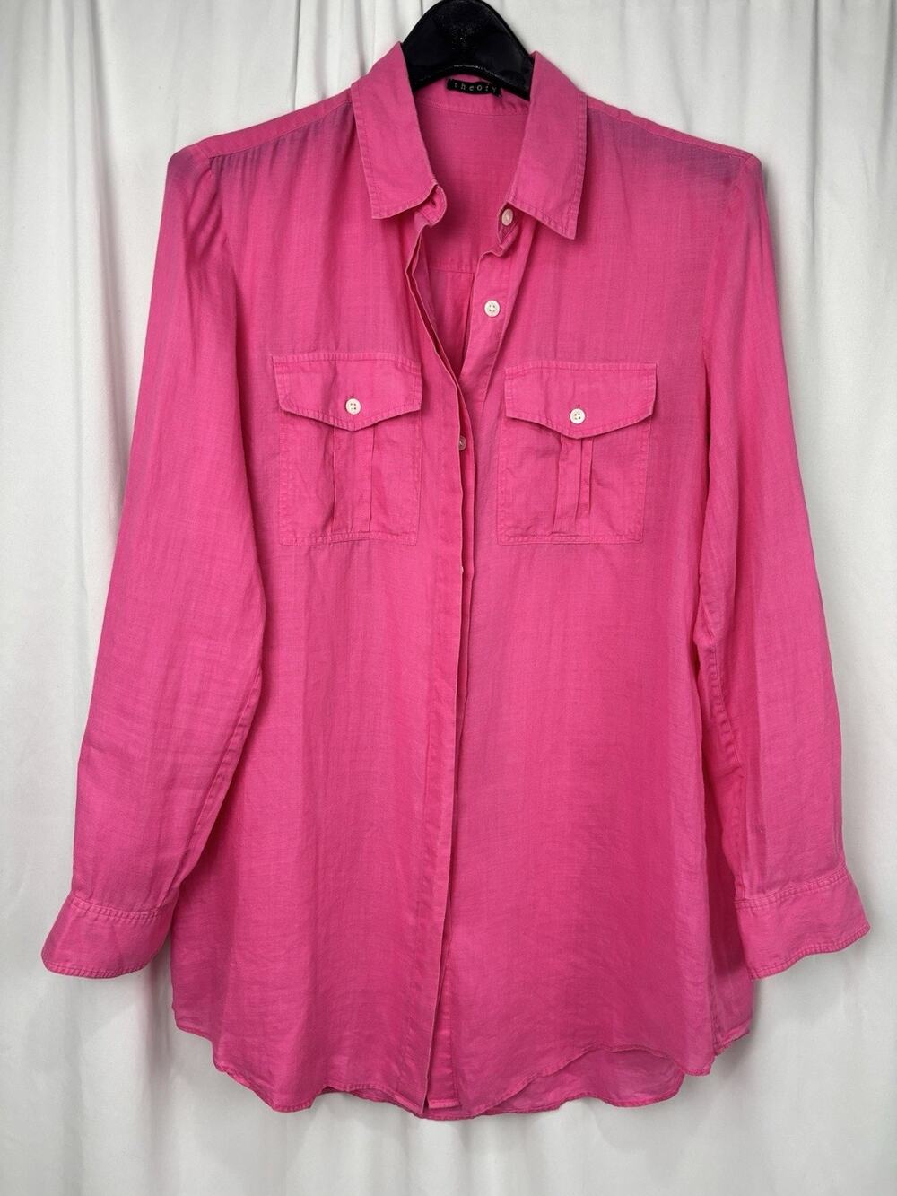 Theory Marandel Common Hot Pink Magenta Roll Tab Sleeve Button Front Shirt Top L